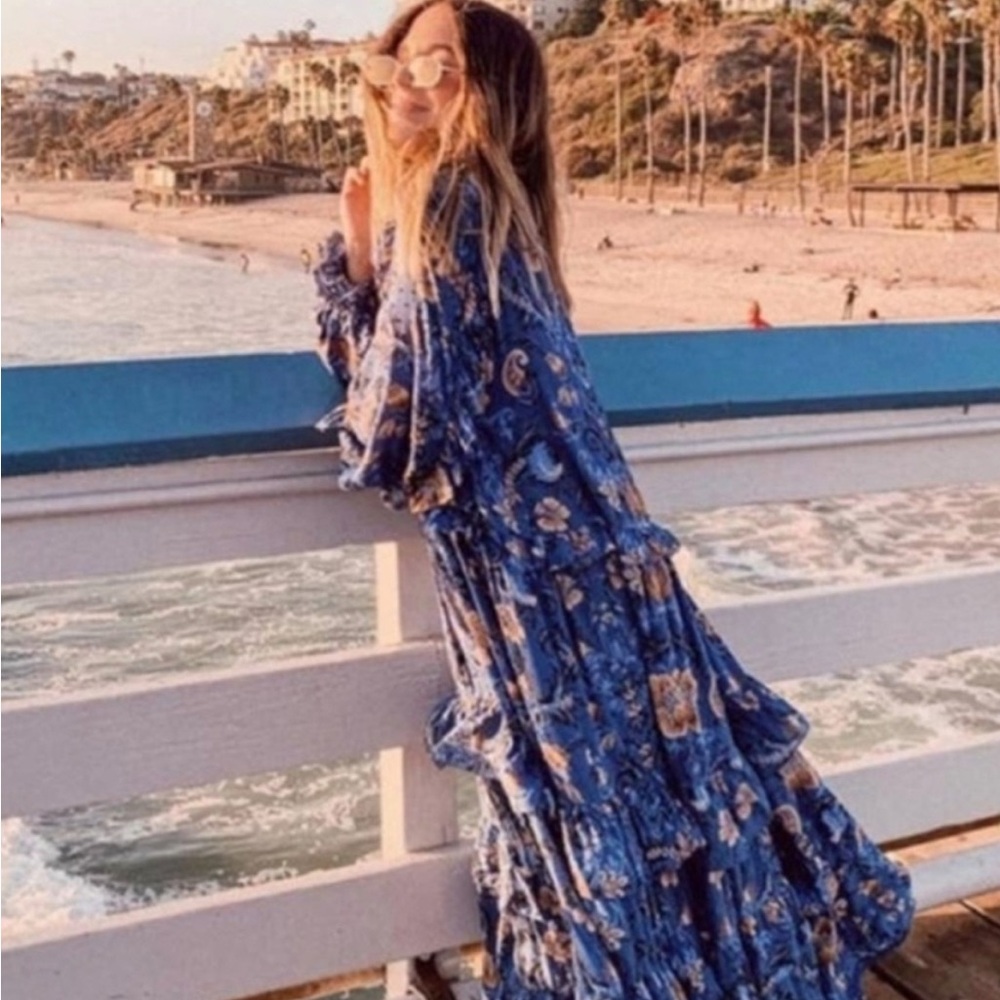 Spell Blue and Cream Floral Maxi Dress